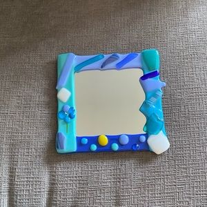 Small Handmade Fused Glass Wall Hanging Square Mirror.